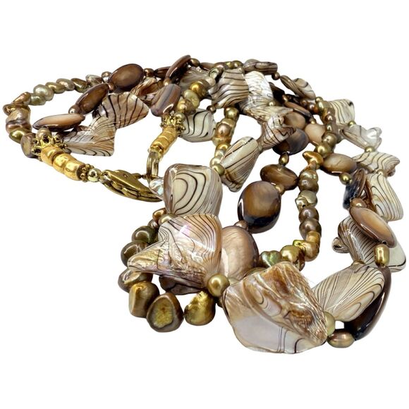 Abalone Shell Fresh Water Pearl Layered Necklace 23" Variegated Beaded Nautical - Picture 7 of 10
